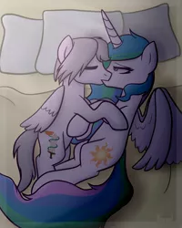 Size: 1728x2160 | Tagged: artist needed, source needed, safe, derpibooru import, princess celestia, oc, oc:light knight, pony, bed, canon x oc, kissing, lightestia, shipping