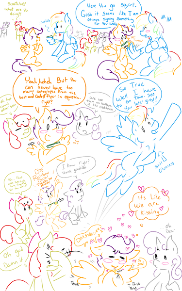 Size: 1000x1600 | Tagged: suggestive, artist:doodledandy, derpibooru import, apple bloom, rainbow dash, scootaloo, sweetie belle, pony, autograph, blush sticker, blushing, clueless, comic, creepy, cutie mark crusaders, facehoof, female, floating heart, funny, heart, indirect kiss, lesbian, pencil, puberty hits hard, scootadash, shipping, spread wings, sucking, vulgar, wingboner, wings