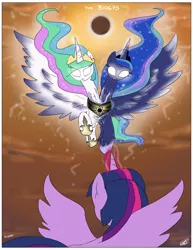 Size: 2550x3300 | Tagged: safe, artist:loreto-arts, derpibooru import, princess celestia, princess luna, twilight sparkle, twilight sparkle (alicorn), alicorn, pony, apocalypse, conjoined, conjoined royal sisters, eclipse, end of the world, fusion, glowing eyes, it's the end of the world as we know it, multiple heads, royal sisters, solar eclipse, two heads, we have become one