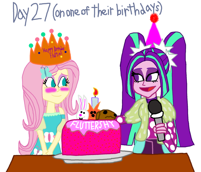 Size: 2000x1706 | Tagged: safe, artist:bigpurplemuppet99, derpibooru import, aria blaze, fluttershy, equestria girls, equestria girls series, 30 day otp challenge, ariashy, birthday cake, birthday crown, blushing, cake, female, flutterblaze, food, hat, lesbian, microphone, party hat, shipping