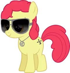 Size: 786x818 | Tagged: safe, derpibooru import, editor:grapefruitface, apple bloom, pony, alternate cutie mark, blue oyster cult, eric bloom, jewelry, necklace, pun, simple background, solo, sunglasses, transparent background, vector, visual pun