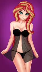 Size: 992x1701 | Tagged: suggestive, artist:anonix123, derpibooru import, sunset shimmer, human, equestria girls, babydoll, babydoll lingerie, blushing, breasts, busty sunset shimmer, clothes, female, humanized, lidded eyes, lingerie, looking at you, negligee, nightgown, see-through, solo, solo female