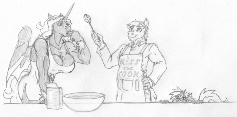 Size: 2800x1391 | Tagged: safe, artist:siegfriednox, derpibooru import, oc, oc:blaze of glory, oc:invidia nox, oc:ty the baker, alicorn, anthro, earth pony, unicorn, alicorn oc, apron, chef, clothes, cooking, grayscale, horn, monochrome, traditional art, whisk, wings