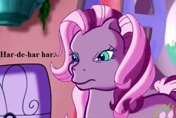 Size: 720x480 | Tagged: safe, derpibooru import, edit, edited screencap, screencap, wysteria, earth pony, pony, the princess promenade, angry, dude not funny (reaction image), g3, music stand, reaction image, sarcasm, solo, speech, talking, unamused