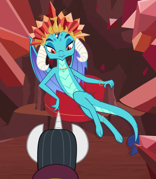 Size: 749x862 | Tagged: anklet, apology, artist:queencold, bracelet, chancellor neighsay, claws, crown, derpibooru import, dragon, dragoness, dragon lord ember, duo, female, frown, gem, jewelry, lounging, paws, pillow, princess ember, queen, regalia, safe, sexy, show accurate, toes