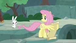 Size: 1920x1080 | Tagged: safe, derpibooru import, screencap, angel bunny, fluttershy, pegasus, pony, rabbit, she talks to angel, animal, duo, female, male, mare, scroll, wing hands, wing hold, wings