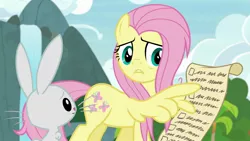 Size: 1920x1080 | Tagged: safe, derpibooru import, screencap, angel bunny, fluttershy, pegasus, pony, rabbit, she talks to angel, animal, checklist, duo, female, male, mare, scroll, wing hands, wings