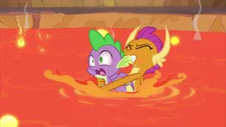 Size: 1280x720 | Tagged: derpibooru import, dragon, dragoness, duo, female, lava, lava pool, male, out of context, safe, screencap, smolder, spike, sweet and smoky, winged spike