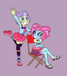 Size: 1157x1300 | Tagged: safe, artist:bugssonicx, derpibooru import, kiwi lollipop, supernova zap, equestria girls, equestria girls series, sunset's backstage pass!, spoiler:eqg series (season 2), chair, clothes, crossed legs, cute, female, happy, k-lo, legs, postcrush, raised leg, sandals, skirt, smiling, socks, su-z, su-z-betes, thigh highs