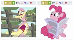 Size: 1250x686 | Tagged: safe, artist:steyrrdash, banned from derpibooru, deleted from derpibooru, derpibooru import, fluttershy, pinkie pie, derpibooru, image, jpeg, juxtaposition, let me in, meme, meta, newspaper