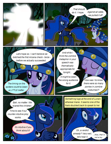 Size: 612x792 | Tagged: safe, artist:newbiespud, derpibooru import, edit, edited screencap, screencap, princess luna, twilight sparkle, alicorn, pony, unicorn, comic:friendship is dragons, luna eclipsed, cloak, clothes, comic, dialogue, ethereal mane, eyes closed, fake beard, female, hat, looking back, mare, screencap comic, star swirl the bearded costume, starry mane, unicorn twilight, wide eyes, wizard hat