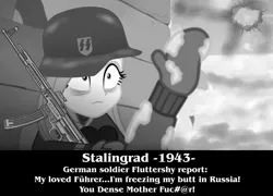 Size: 971x698 | Tagged: safe, derpibooru import, edit, edited screencap, screencap, fluttershy, equestria girls, equestria girls series, holidays unwrapped, spoiler:eqg series (season 2), clothes, fake history, german soldier, nazi, parody, stalingrad, stg 44, thousand yard stare, world war ii