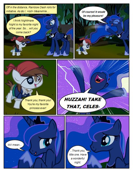 Size: 612x792 | Tagged: safe, artist:newbiespud, derpibooru import, edit, edited screencap, screencap, pipsqueak, princess luna, alicorn, earth pony, pony, comic:friendship is dragons, luna eclipsed, bandana, colt, comic, dialogue, ethereal mane, eyepatch, female, full moon, happy, hoof shoes, male, mare, moon, night, raised hoof, screencap comic, smiling, starry mane, stars, traditional royal canterlot voice