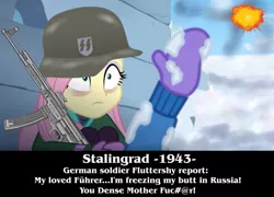 Size: 971x698 | Tagged: safe, derpibooru import, edit, edited screencap, screencap, fluttershy, equestria girls, equestria girls series, holidays unwrapped, spoiler:eqg series (season 2), bags under eyes, clothes, colored, fake history, german soldier, nazi, parody, stalingrad, thousand yard stare, waffen-ss
