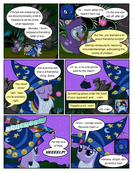 Size: 612x792 | Tagged: safe, artist:newbiespud, derpibooru import, edit, edited screencap, screencap, nightmare moon, princess luna, rainbow dash, spike, twilight sparkle, alicorn, dragon, pegasus, pony, unicorn, comic:friendship is dragons, luna eclipsed, candy, cloak, clothes, cloud, comic, costume, dialogue, dragon costume, eyes closed, fake beard, female, flying, food, goggles, hat, laughing, looking up, magic, male, mare, night, onomatopoeia, quill, rearing, scared, screencap comic, scroll, shadowbolt dash, shadowbolts, shadowbolts costume, sitting, star swirl the bearded costume, stars, statue, telekinesis, thinking, unicorn twilight, wizard hat