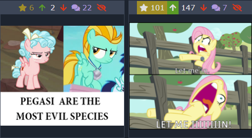 Size: 508x279 | Tagged: safe, artist:steyrrdash, banned from derpibooru, deleted from derpibooru, derpibooru import, editor:horsesplease, cozy glow, fluttershy, lightning dust, derpibooru, frenemies (episode), image, juxtaposition, juxtaposition win, let me in, meme, meta, png, racism