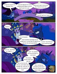 Size: 612x792 | Tagged: safe, artist:newbiespud, derpibooru import, edit, edited screencap, screencap, applejack, princess luna, twilight sparkle, alicorn, earth pony, pony, unicorn, comic:friendship is dragons, luna eclipsed, annoyed, bridge, cloak, clothes, comic, dialogue, ethereal mane, eyes closed, fake beard, female, freckles, frown, full moon, hat, mare, moon, night, sad, screencap comic, star swirl the bearded costume, starry mane, stars, tree, unicorn twilight, windmill, wizard hat