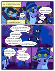 Size: 612x792 | Tagged: safe, artist:newbiespud, derpibooru import, edit, edited screencap, screencap, princess luna, rainbow dash, twilight sparkle, alicorn, pegasus, pony, unicorn, comic:friendship is dragons, luna eclipsed, cloak, clothes, comic, costume, dialogue, ethereal mane, fake beard, full moon, goggles, hat, implied rarity, moon, night, sad, screencap comic, shadowbolt dash, shadowbolts, shadowbolts costume, star swirl the bearded costume, starry mane, stars, thinking, tongue out, unicorn twilight, wizard hat