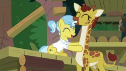 Size: 1920x1080 | Tagged: safe, derpibooru import, screencap, clementine, doctor fauna, earth pony, giraffe, pony, she talks to angel, animal, clothes, duo, eyes closed, female, grin, mare, massage, shirt, smiling