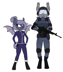 Size: 2225x2533 | Tagged: safe, artist:moonatik, derpibooru import, oc, oc:selenite, anthro, bat pony, unguligrade anthro, badge, boots, clothes, combat armor, elbow pads, epaulettes, female, galil, gun, hair bun, helmet, knee pads, male, mare, military uniform, night guard, rifle, shoes, simple background, soldier, stallion, transparent background, uniform, weapon