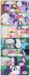 Size: 612x1556 | Tagged: safe, artist:newbiespud, derpibooru import, edit, edited screencap, screencap, applejack, fluttershy, pinkie pie, rainbow dash, rarity, twilight sparkle, earth pony, pegasus, pony, unicorn, comic:friendship is dragons, ..., bag, bathrobe, clothes, comic, crown, dialogue, dress, female, freckles, grin, hat, jewelry, looking up, mane six, mannequin, mare, raised hoof, regalia, robe, saddle bag, screencap comic, slippers, smiling, unicorn twilight