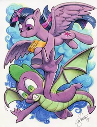 Size: 781x1024 | Tagged: safe, artist:andypriceart, derpibooru import, idw, spike, twilight sparkle, twilight sparkle (alicorn), alicorn, dragon, pony, spoiler:comic, armpits, book, duo, female, flying, learning to fly, male, mare, marker drawing, smiling, song reference, tom petty, tom petty & the heartbreakers, traditional art, winged spike