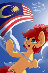 Size: 2160x3250 | Tagged: safe, artist:syntaxartz, derpibooru import, oc, oc:rosa blossomheart, earth pony, pony, bipedal, flag, flag waving, independence day, malay independence day, malaysia, mascot, solo