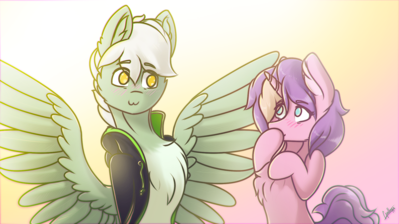 Size: 1920x1080 | Tagged: safe, artist:chebypattern, derpibooru import, oc, oc:energytone, oc:lilac clime, unofficial characters only, pegasus, pony, unicorn, bright, clothes, couple, cute, gift art, jacket, lovely, simple background, smiling