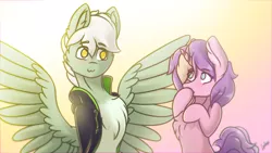 Size: 1920x1080 | Tagged: safe, artist:chebypattern, derpibooru import, oc, oc:energytone, oc:lilac clime, unofficial characters only, pegasus, pony, unicorn, bright, clothes, couple, cute, gift art, jacket, lovely, simple background, smiling