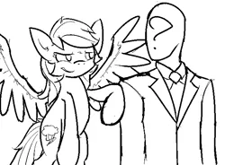 Size: 639x471 | Tagged: safe, artist:visiti, derpibooru import, rainbow dash, oc, oc:anon, human, pegasus, pony, /mlp/, black and white, bump, clothes, female, flying, grayscale, lineart, looking at each other, male, mare, monochrome, necktie, simple background, sketch, spread wings, suit, tapping, white background, wings