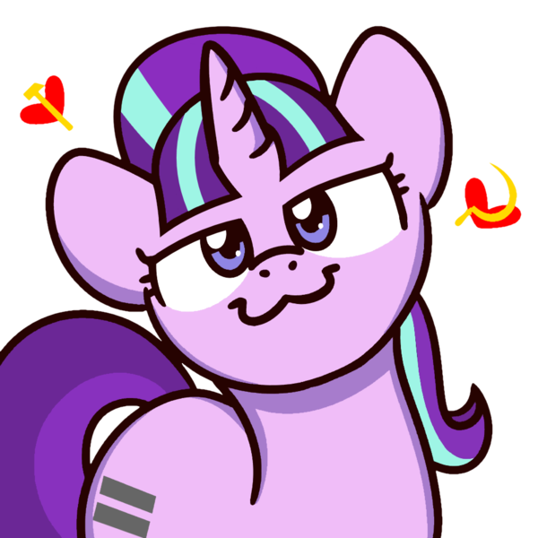 Size: 1000x1000 | Tagged: safe, artist:sugar morning, derpibooru import, edit, starlight glimmer, pony, unicorn, the cutie map, :3, communism, equal cutie mark, hammer, heart, lidded eyes, looking at you, s5 starlight, sickle, solo, stalin glimmer, sugar morning's smiling ponies