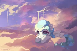 Size: 3000x2000 | Tagged: safe, artist:freeedon, derpibooru import, vapor trail, pegasus, pony, cloud, commission, cute, female, folded wings, looking at you, lying down, mare, on a cloud, prone, scenery, sky, smiling, solo, three quarter view, vaporbetes, wallpaper, wings