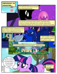 Size: 612x792 | Tagged: safe, artist:newbiespud, derpibooru import, edit, edited screencap, screencap, goldengrape, princess luna, sir colton vines iii, spike, twilight sparkle, alicorn, bat, dragon, pony, shark, unicorn, comic:friendship is dragons, apple, background pony, balloon, comic, dialogue, ethereal mane, female, flying, food, hot air balloon, male, mare, night, nightmare night symbol, screencap comic, stallion, starry mane, stars, tree, unicorn twilight, windmill