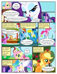 Size: 612x792 | Tagged: safe, artist:newbiespud, derpibooru import, edit, edited screencap, screencap, applejack, berry punch, berryshine, fluttershy, pinkie pie, princess celestia, rainbow dash, rarity, soarin', surprise, twilight sparkle, bird, earth pony, pegasus, pony, unicorn, comic:friendship is dragons, apple, balloon, bedroom eyes, clothes, comic, confetti, dialogue, ethereal mane, eyes closed, female, food, freckles, goggles, hat, male, mane six, mare, pronking, screencap comic, stallion, tree, unicorn twilight, uniform, wonderbolts, wonderbolts uniform