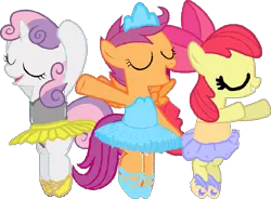 Size: 949x698 | Tagged: safe, artist:angrymetal, derpibooru import, apple bloom, scootaloo, sweetie belle, earth pony, pegasus, pony, unicorn, arms in the air, ballerina, ballerinas, ballet, ballet slippers, clothes, cutie mark crusaders, en pointe, eyes closed, jewelry, leotard, open mouth, simple background, tiara, transparent background, tutu