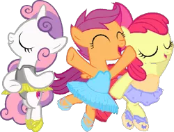 Size: 901x686 | Tagged: safe, artist:angrymetal, derpibooru import, apple bloom, scootaloo, sweetie belle, earth pony, pegasus, pony, unicorn, arms in the air, arms out, ballerina, ballerinas, ballet, ballet slippers, bloomerina, clothes, cutie mark crusaders, eyes closed, incorrect arm anatomy, mouths open, one arm up, scootarina, scootatutu, scootutu, simple background, sweetierina, transparent background, tutu, tutus