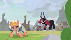 Size: 800x450 | Tagged: safe, derpibooru import, screencap, lord tirek, rockhoof, somnambula, centaur, earth pony, pegasus, pony, the ending of the end, leak, animated, cloven hooves, colored hooves, draining, eyes closed, female, fleeing, flying, gif, leaping, looking over shoulder, magic drain, male, mare, nose piercing, nose ring, piercing, satisfied, scared, slam, smug smile, somnambuse, that centaur sure does love magic, wings