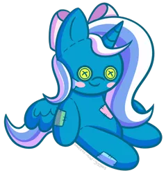 Size: 874x914 | Tagged: safe, artist:sweets-and-giggles, derpibooru import, oc, oc:fleurbelle, alicorn, pony, alicorn oc, bow, button eyes, doll, female, hair bow, horn, mare, smiling, toy, wings