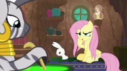 Size: 1920x1080 | Tagged: safe, derpibooru import, screencap, angel bunny, fluttershy, zecora, pegasus, pony, rabbit, zebra, she talks to angel, animal, cauldron, ear piercing, earring, female, jewelry, male, mare, messy mane, neck rings, piercing, trio