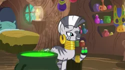 Size: 1920x1080 | Tagged: bed, candle, cauldron, derpibooru import, ear piercing, earring, female, jewelry, leg rings, mare, neck rings, piercing, potion, safe, screencap, she talks to angel, solo, vial, zebra, zecora, zecora's hut