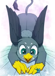 Size: 2500x3430 | Tagged: safe, artist:tsitra360, derpibooru import, gabby, gallus, gilda, greta, gryphon, female, gradient background, high res, macro, male, micro, open mouth, shrunken, size difference, smiling, squawk