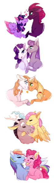 Size: 494x1619 | Tagged: safe, artist:artsiepeach, derpibooru import, applejack, discord, fluttershy, maud pie, pinkie pie, prince blueblood, rainbow dash, rarity, tempest shadow, twilight sparkle, twilight sparkle (alicorn), alicorn, bluejack, discoshy, female, lesbian, male, mane six, pinkiedash, rarimaud, shipping, straight, tempestlight