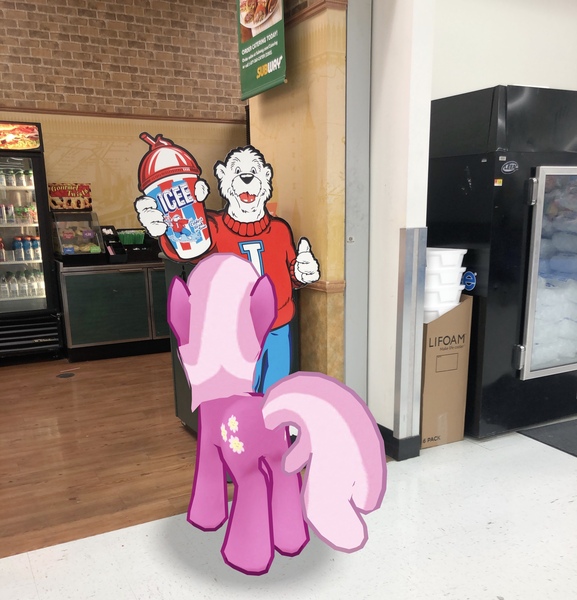 Size: 3024x3143 | Tagged: safe, derpibooru import, photographer:undeadponysoldier, cheerilee, bear, earth pony, polar bear, pony, augmented reality, cardboard cutout, female, food, gameloft, icee, irl, mare, mascot, photo, ponies in real life, restaurant, slushie, subway, walmart