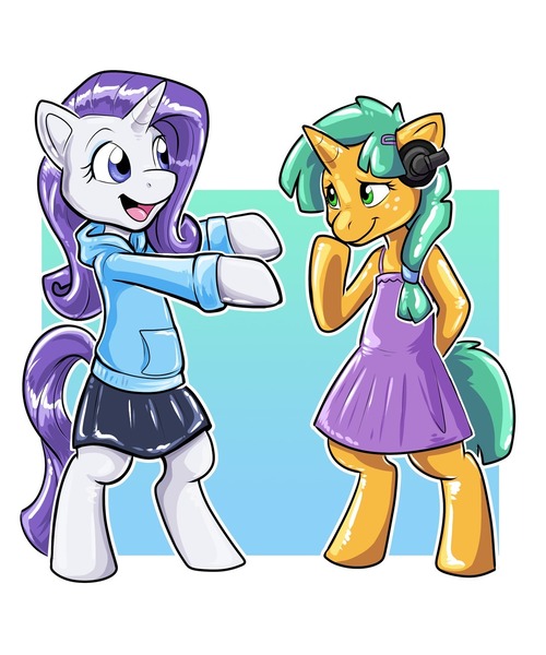 Size: 1067x1280 | Tagged: safe, artist:likeshine, derpibooru import, rarity, snails, pony, unicorn, alternate hairstyle, bipedal, clothes, crossdressing, cute, dress, female, glitter shell, hairclip, happy, headphones, hoodie, male, miniskirt, skirt