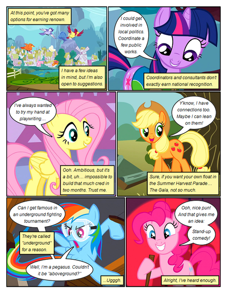 Size: 612x792 | Tagged: safe, artist:newbiespud, derpibooru import, edit, edited screencap, screencap, applejack, fluttershy, pinkie pie, rainbow dash, twilight sparkle, bird, earth pony, pegasus, pony, unicorn, comic:friendship is dragons, comic, dialogue, female, flying, goggles, grin, hat, lab goggles, mare, punch, screencap comic, smiling, unicorn twilight, windmill