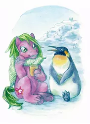 Size: 600x826 | Tagged: artist:annapommes, baby waddles, bird, chocolate, cute, derpibooru import, emperor penguin, food, g1, hot chocolate, penguin, safe, that pony sure does love penguins, traditional art, waddlebetes