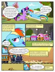 Size: 612x792 | Tagged: safe, artist:newbiespud, derpibooru import, edit, edited screencap, screencap, rainbow dash, twilight sparkle, earth pony, pegasus, pony, unicorn, comic:friendship is dragons, fall weather friends, annoyed, background pony, bench, book, bored, comic, dialogue, female, glasses, glowing horn, hat, horn, magic, male, mare, on back, screencap comic, stallion, telekinesis, train, unicorn twilight