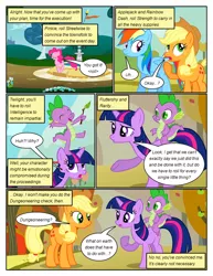 Size: 612x792 | Tagged: safe, artist:newbiespud, derpibooru import, edit, edited screencap, screencap, applejack, pinkie pie, rainbow dash, spike, dragon, earth pony, pegasus, pony, unicorn, comic:friendship is dragons, fall weather friends, balancing, comic, dialogue, eyes closed, female, fountain, freckles, hat, male, mare, pronking, raised hoof, riding, screencap comic, slit eyes, smiling, stick