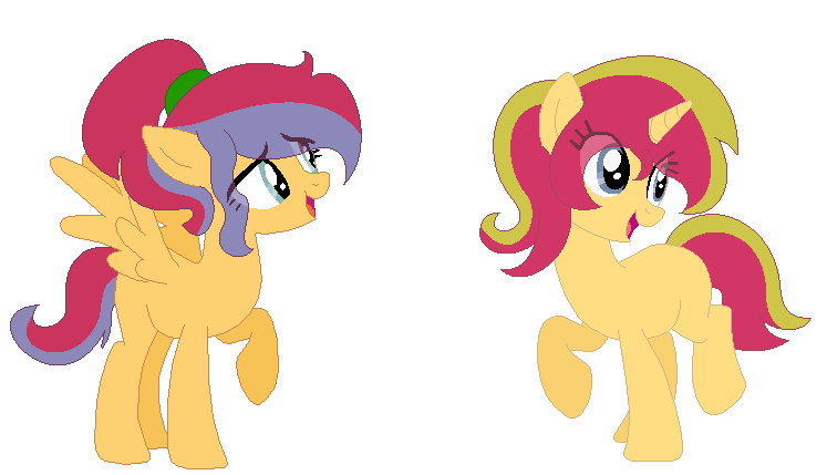 Size: 747x429 | Tagged: safe, artist:nightcorecat123, artist:selenaede, derpibooru import, oc, unofficial characters only, pegasus, pony, unicorn, base used, blank flank, duo, female, mare, offspring, parent:flash sentry, parent:sunset shimmer, parents:flashimmer, siblings, simple background, sisters, white background