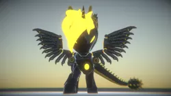 Size: 3840x2160 | Tagged: safe, artist:phoenixtm, derpibooru import, oc, oc:phoenix stardash, dracony, dragon, hybrid, pony, 3d, armor, battle stance, dracony alicorn, glow, minigun, power armor, reflection, spread wings, weapon, wings